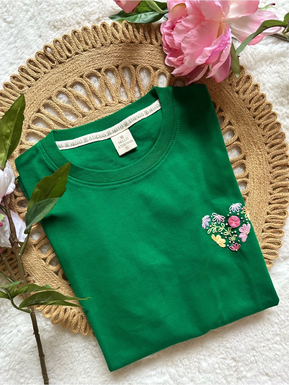 Hello Athenas Green Pima Cotton Tee with Hand Embroidered Floral Heart S